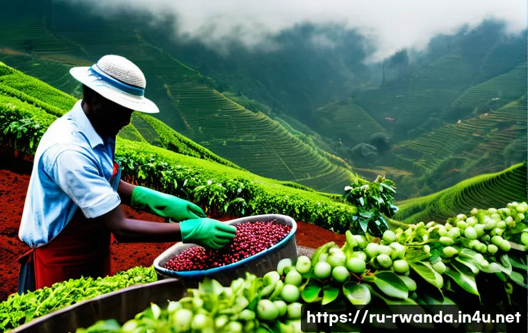 르완다 수출 주요 품목 - A high-altitude Rwandan coffee farm scene featuring local farmers carefully hand-picking ripe coffee...