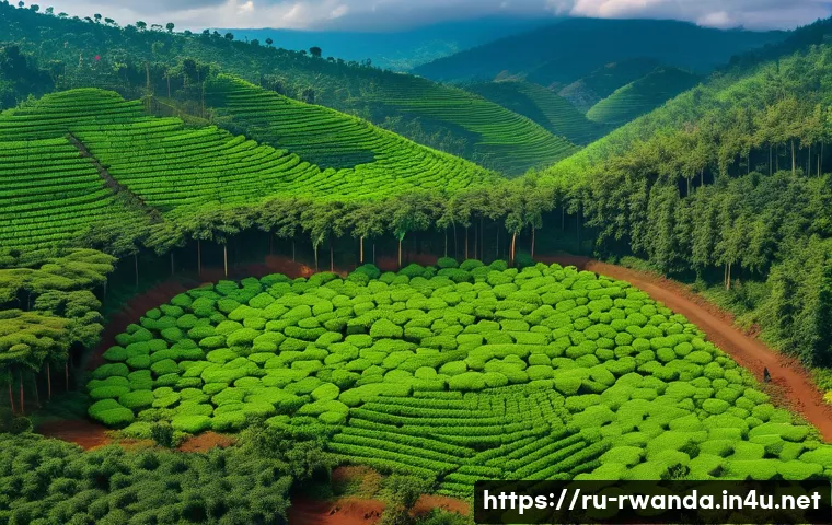 르완다의 주요 생태 보호 정책 - A lush, dense forest restoration scene in Rwanda showing young trees thriving on formerly barren lan...