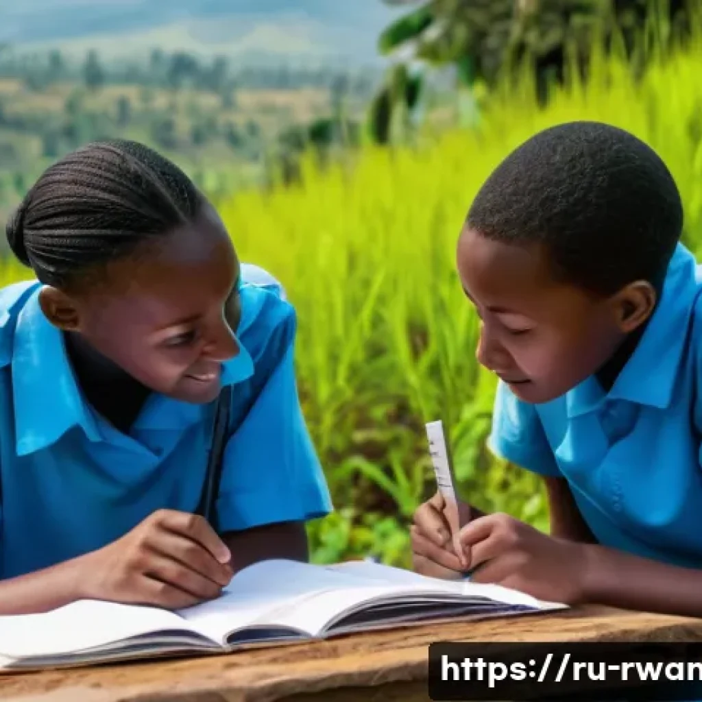 르완다의 교육 개혁 - A vibrant classroom scene in a Rwandan rural school, featuring diverse children aged 10-14 wearing m...