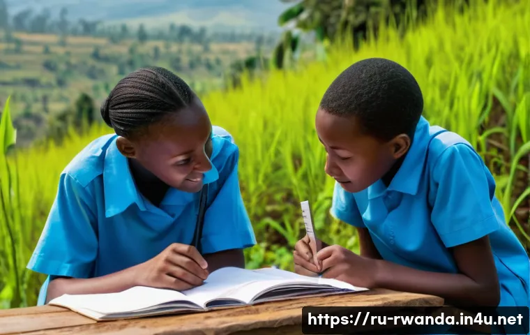 르완다의 교육 개혁 - A vibrant classroom scene in a Rwandan rural school, featuring diverse children aged 10-14 wearing m...