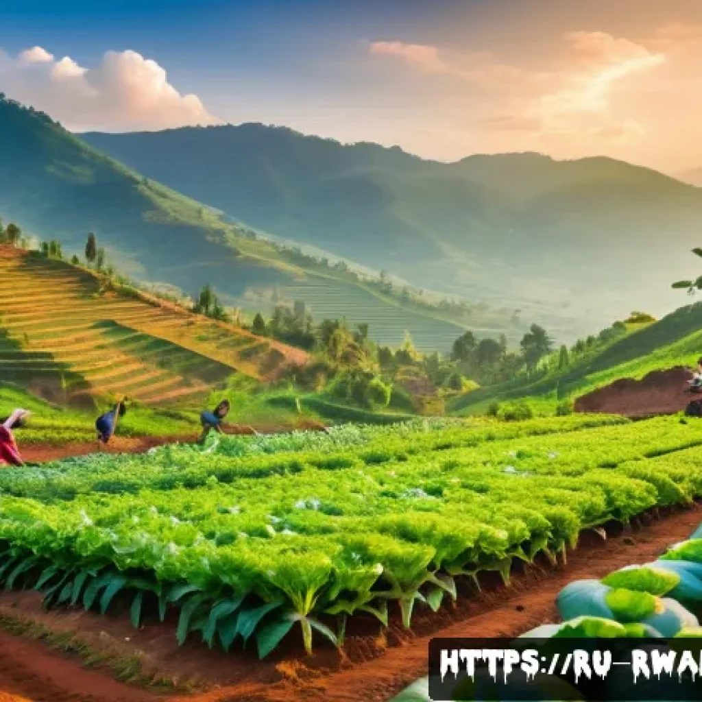 르완다에서의 유기농 제품 소비 - A vibrant Rwandan organic farm scene at sunrise, featuring small-scale farmers tending to lush veget...