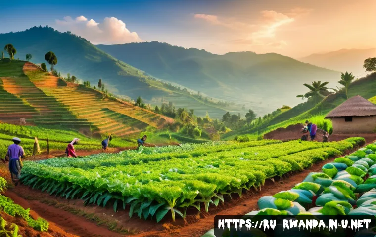 르완다에서의 유기농 제품 소비 - A vibrant Rwandan organic farm scene at sunrise, featuring small-scale farmers tending to lush veget...