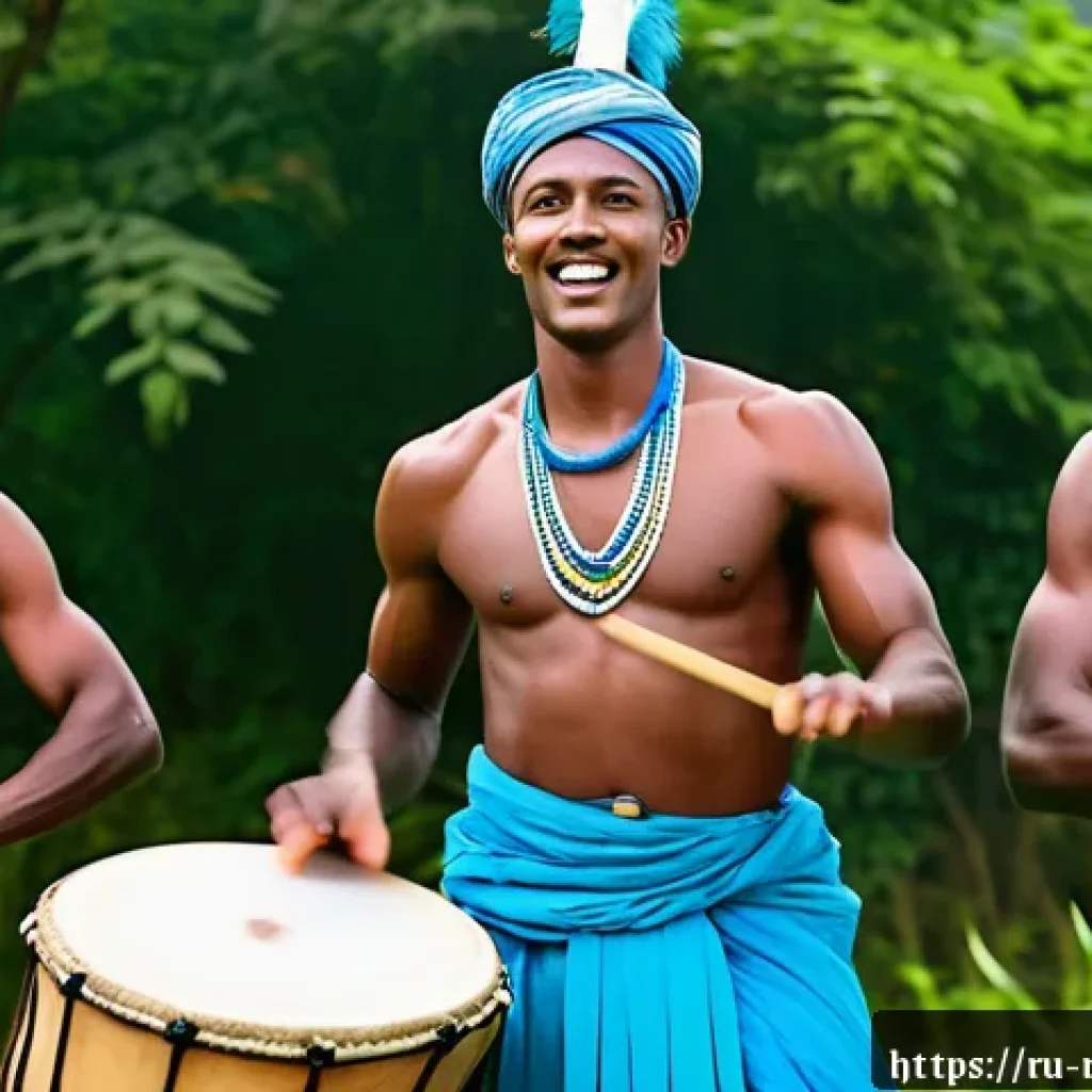 르완다 민속 춤의 관광 상품화 - A vibrant scene of Rwandan Ingambi dance performed by a group of muscular men dressed in traditional...