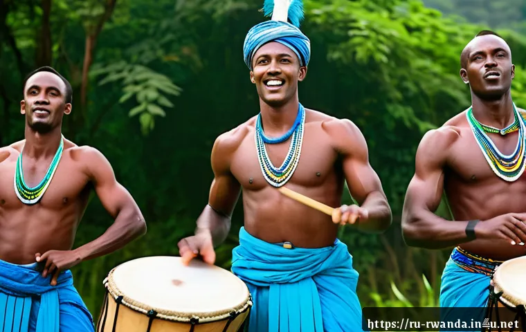 르완다 민속 춤의 관광 상품화 - A vibrant scene of Rwandan Ingambi dance performed by a group of muscular men dressed in traditional...