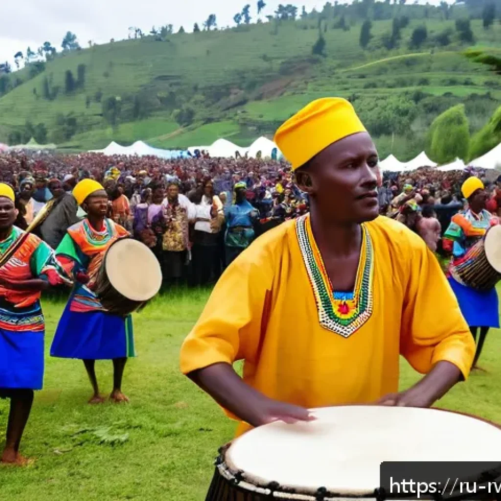 르완다 민속 음악 - A vibrant scene of Rwandan traditional musicians performing outdoors during a cultural festival, fea...