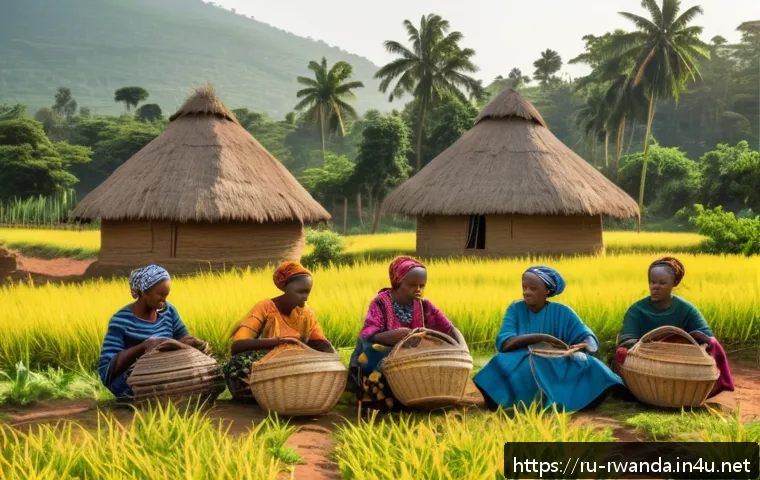 르완다 민속 문화 탐방 - A vibrant Rwandan village scene featuring women weaving traditional "agasegase" baskets outdoors. Th...