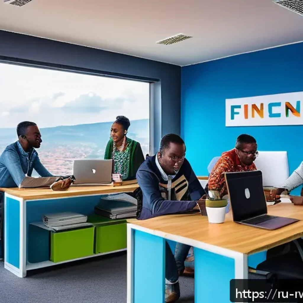 르완다의 창업 생태계 - A vibrant modern tech hub in Kigali, Rwanda, showcasing young African entrepreneurs collaborating in...