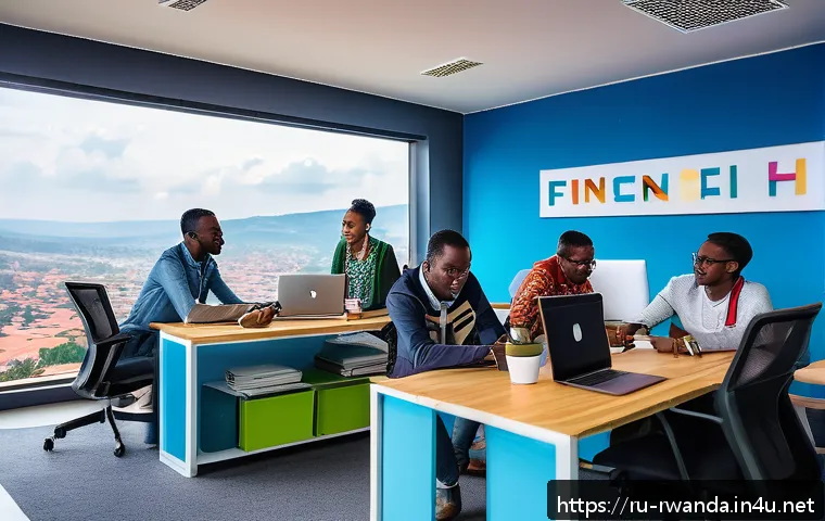 르완다의 창업 생태계 - A vibrant modern tech hub in Kigali, Rwanda, showcasing young African entrepreneurs collaborating in...