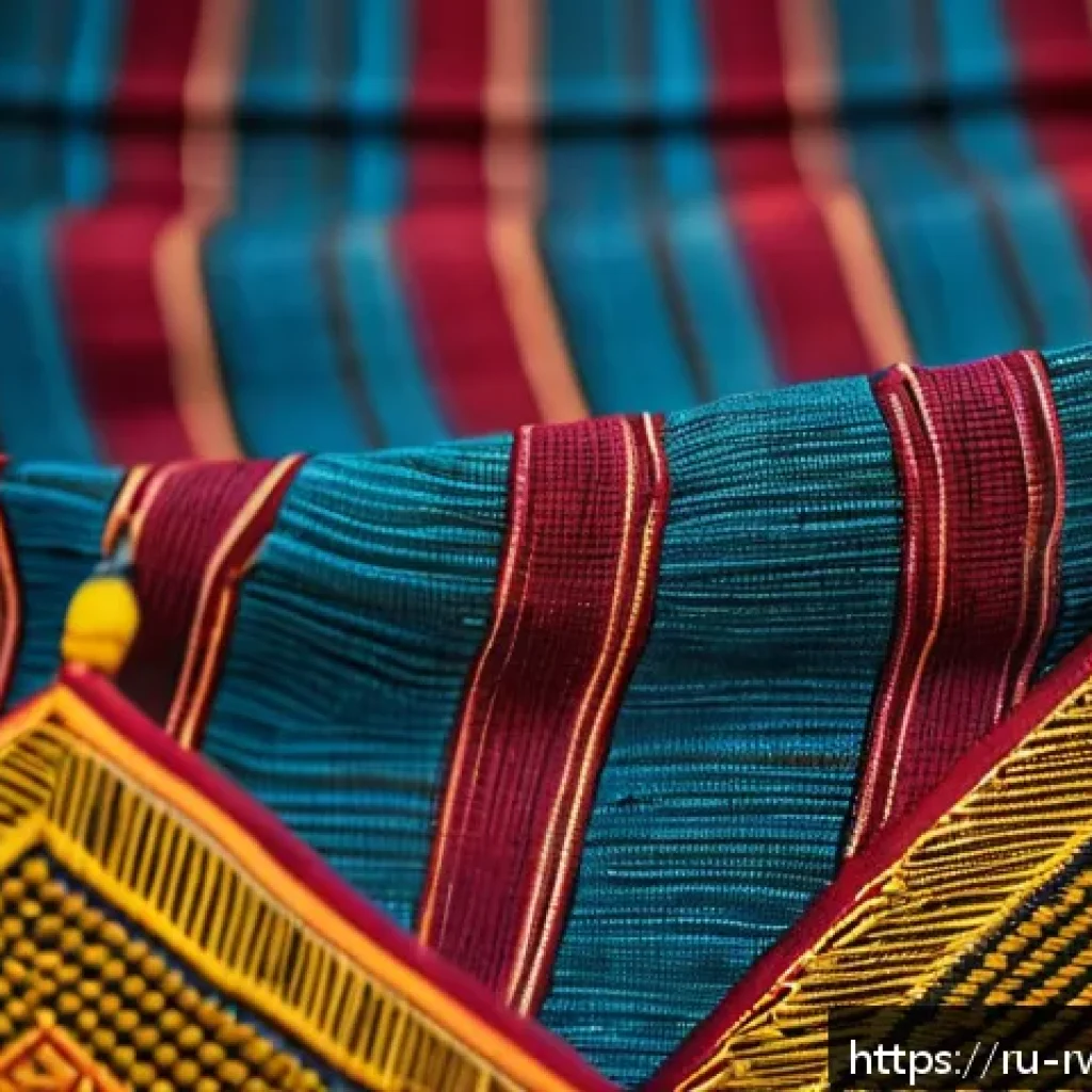 르완다 전통 직물 산업 연구 - A vibrant close-up of traditional Rwandan fabric displaying intricate geometric and natural motifs, ...