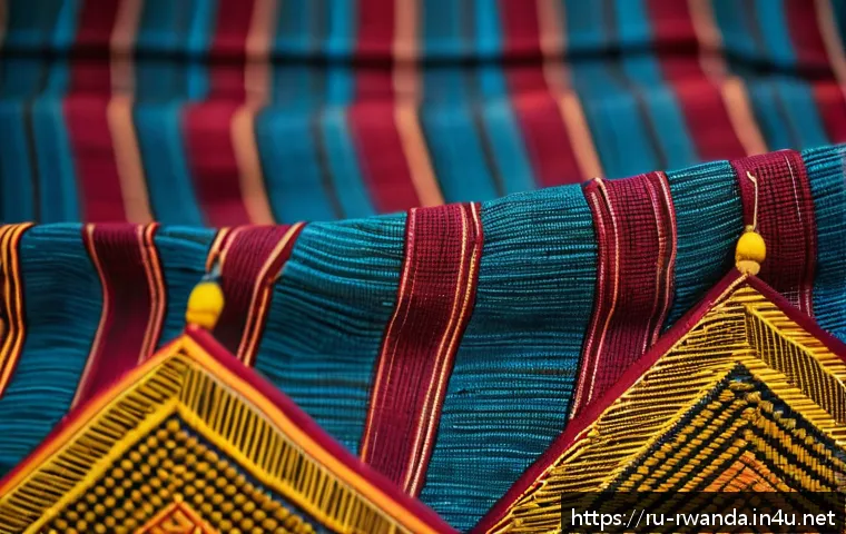 르완다 전통 직물 산업 연구 - A vibrant close-up of traditional Rwandan fabric displaying intricate geometric and natural motifs, ...