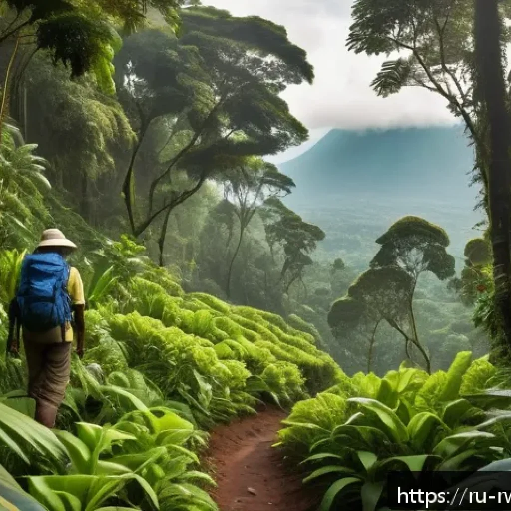 르완다의 주요 공원 - A detailed scene of a lush Rwandan tropical forest with mist-covered volcanic mountains in the backg...