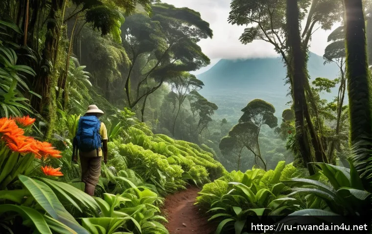 르완다의 주요 공원 - A detailed scene of a lush Rwandan tropical forest with mist-covered volcanic mountains in the backg...