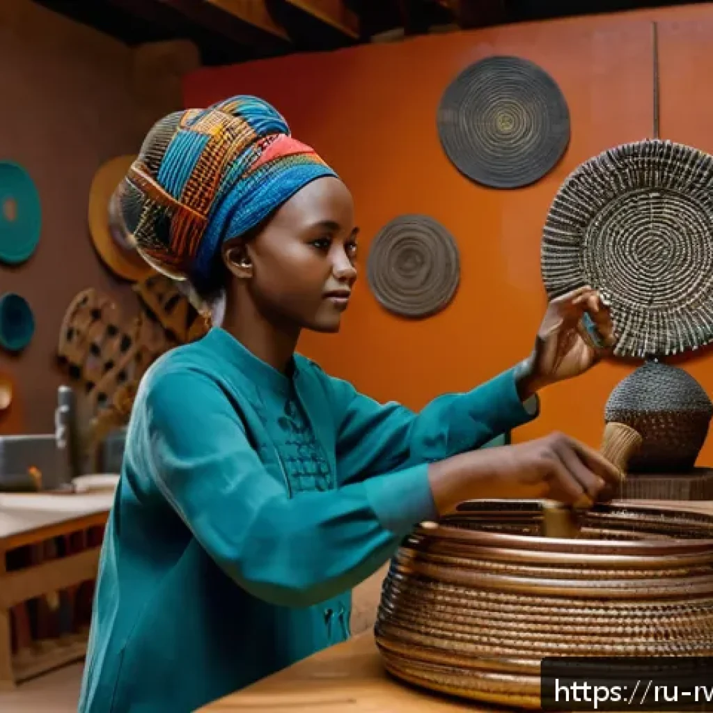르완다의 국가 예술 작품 - A vibrant contemporary Rwandan art studio scene showing a young female artist weaving traditional ba...