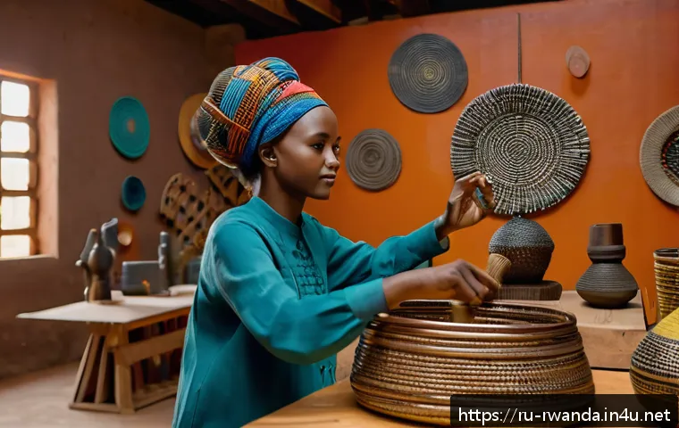 르완다의 국가 예술 작품 - A vibrant contemporary Rwandan art studio scene showing a young female artist weaving traditional ba...