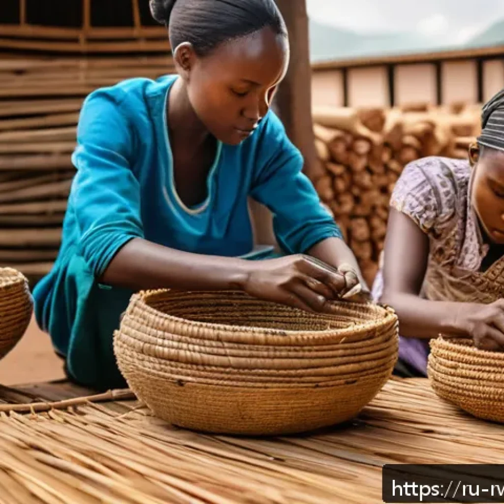 르완다 민속 공예품 - A detailed scene of Rwandan artisans weaving traditional baskets using natural grass fibers, set in ...