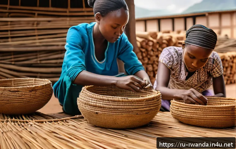 르완다 민속 공예품 - A detailed scene of Rwandan artisans weaving traditional baskets using natural grass fibers, set in ...