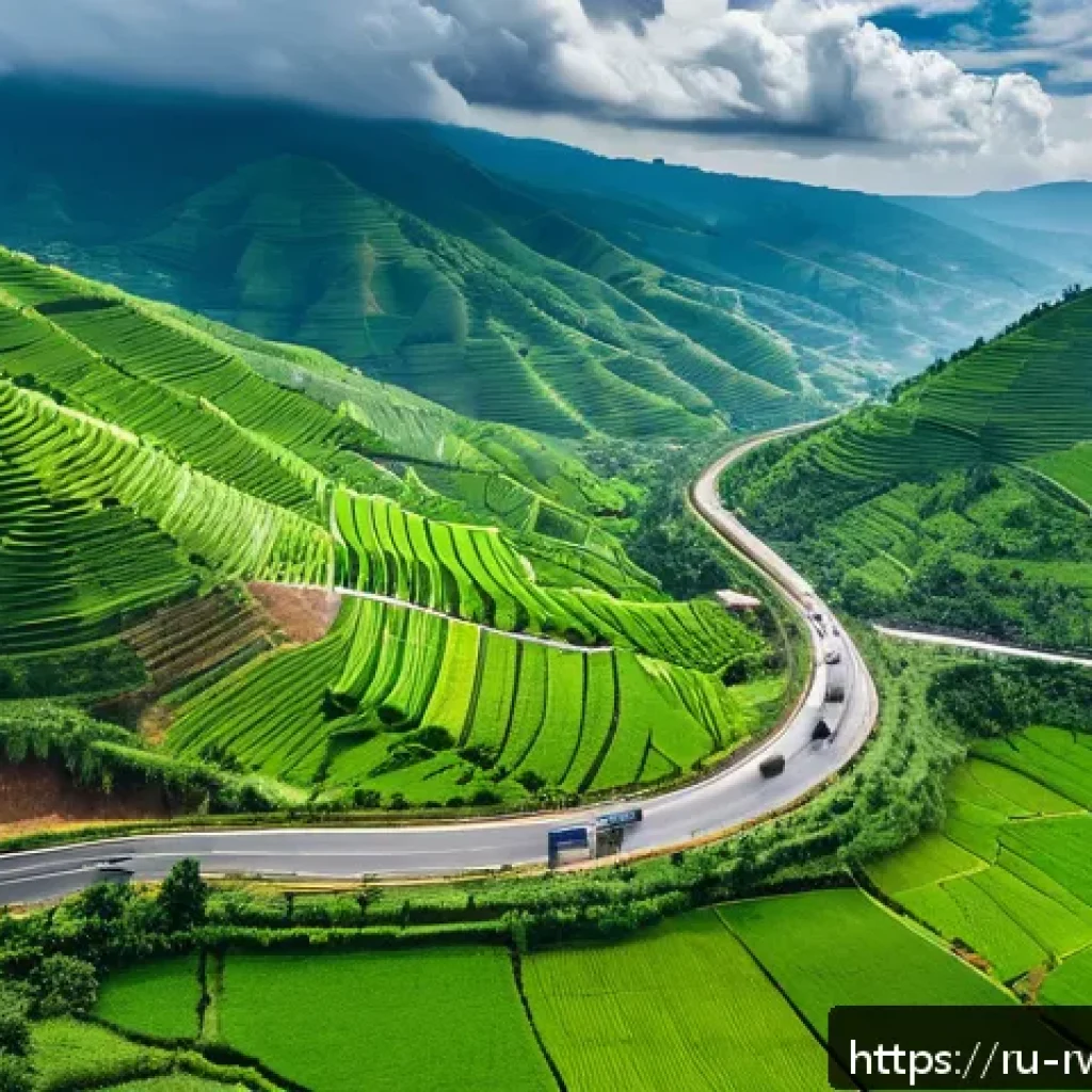 르완다의 도로 교통 - A detailed aerial view of Rwanda's modern road network weaving through lush green hills and valleys,...