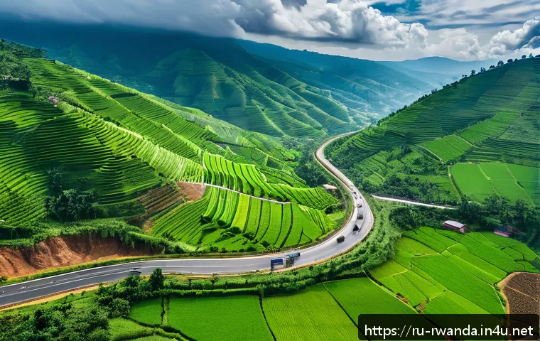 르완다의 도로 교통 - A detailed aerial view of Rwanda's modern road network weaving through lush green hills and valleys,...