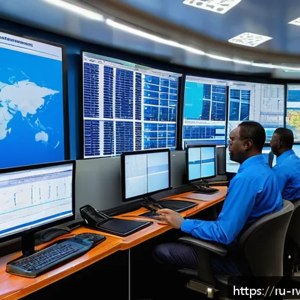 르완다의 물류 시스템 - A modern logistics control room in Rwanda featuring large digital screens displaying real-time GPS t...