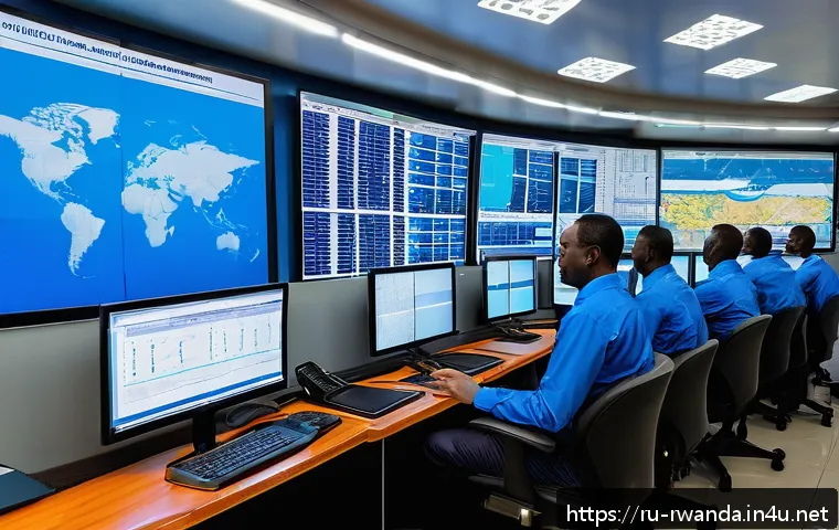 르완다의 물류 시스템 - A modern logistics control room in Rwanda featuring large digital screens displaying real-time GPS t...