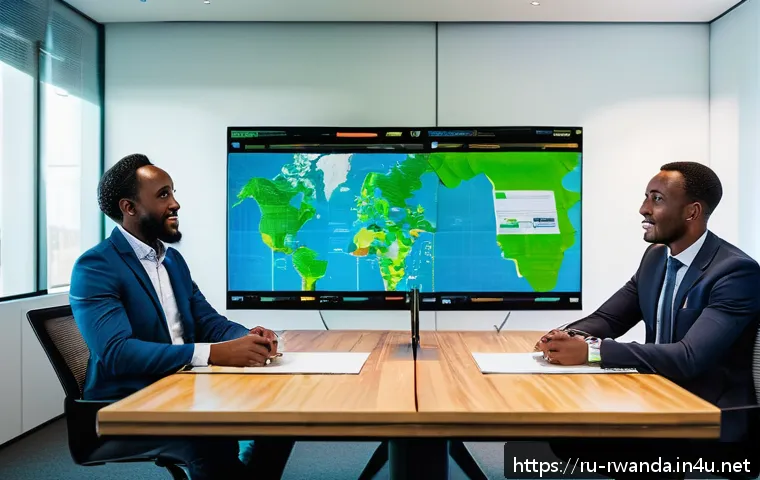 르완다와 영국의 관계 - A vibrant business meeting scene featuring British and Rwandan entrepreneurs discussing sustainable ...