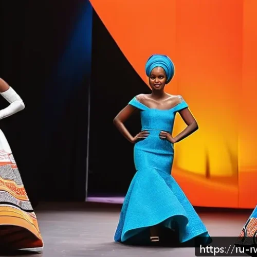 Home 32 르완다의 전통 직물 패션쇼 - A vibrant Rwandan fashion runway scene showcasing modern evening gowns crafted from traditional Rwan...