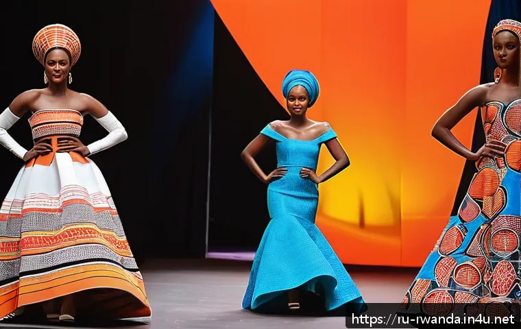르완다의 전통 직물 패션쇼 - A vibrant Rwandan fashion runway scene showcasing modern evening gowns crafted from traditional Rwan...
