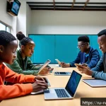 Home 19 르완다의 고등 교육 시스템 - A modern Rwandan university classroom scene showcasing diverse students collaborating on digital tab...