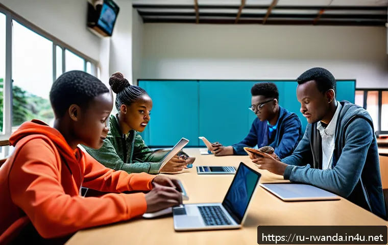 르완다의 고등 교육 시스템 - A modern Rwandan university classroom scene showcasing diverse students collaborating on digital tab...