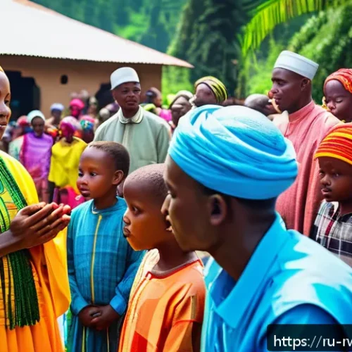 Home 30 르완다의 종교 분포 - A vibrant Rwandan village scene during a traditional religious festival blending Christian and indig...
