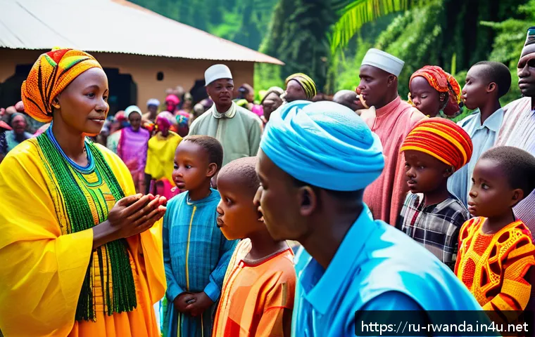 르완다의 종교 분포 - A vibrant Rwandan village scene during a traditional religious festival blending Christian and indig...