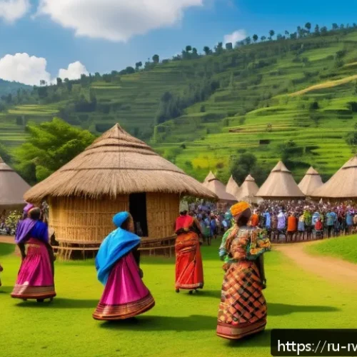 Home 17 르완다 관광 산업 성장 - A vibrant Rwandan cultural festival scene featuring locals dressed in colorful traditional attire, p...