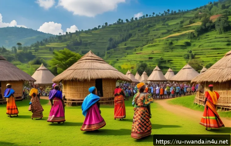 르완다 관광 산업 성장 - A vibrant Rwandan cultural festival scene featuring locals dressed in colorful traditional attire, p...