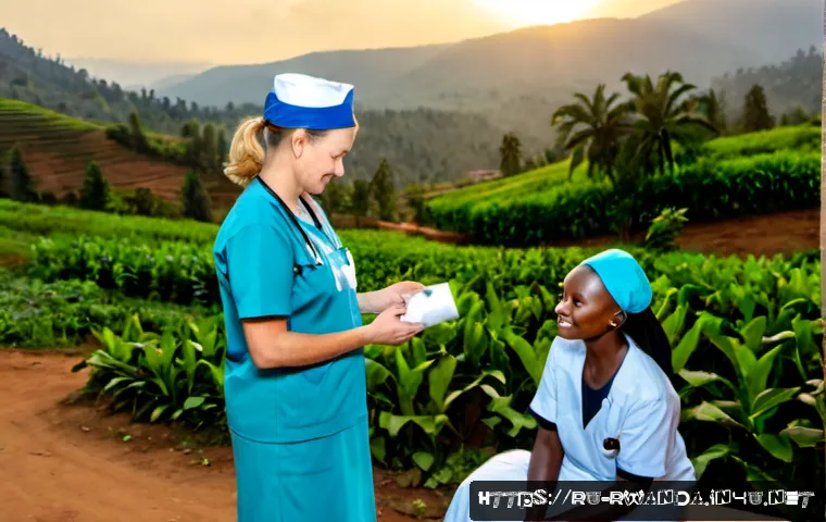 Home 30 르완다에서의 NGO 활동 - Photorealistic NGO community health outreach in rural Rwanda, compassionate local Rwandan nurse in m...