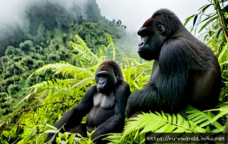 Home 17 르완다에서 고릴라 보호 노력 - Photorealistic mountain gorilla family resting peacefully in Rwanda’s misty Volcanoes National Park ...