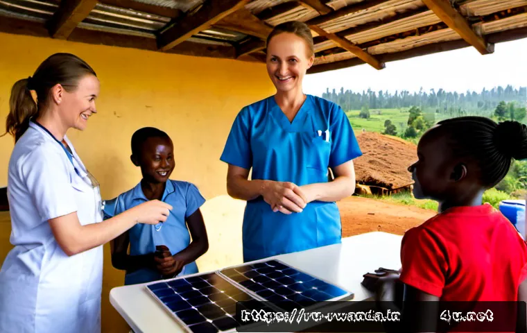 Home 30 르완다와 국제 NGO 활동 - Photorealistic documentary-style scene in rural Rwanda, an international NGO health team including a...