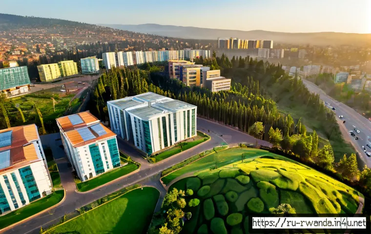 르완다의 주요 도시 계획 사례 - Photorealistic aerial view of Kigali, Rwanda, showcasing thoughtful urban planning with clean tree-l...