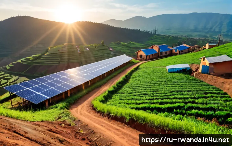 르완다에서의 재생 에너지 - Photorealistic wide-angle view of a rural Rwandan hillside community powered by renewable energy, ne...