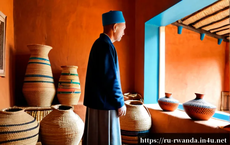 Home 17 르완다 전통 직물 박물관 - Photorealistic interior of a Rwandan traditional textile museum, handwoven baskets and vibrant geome...