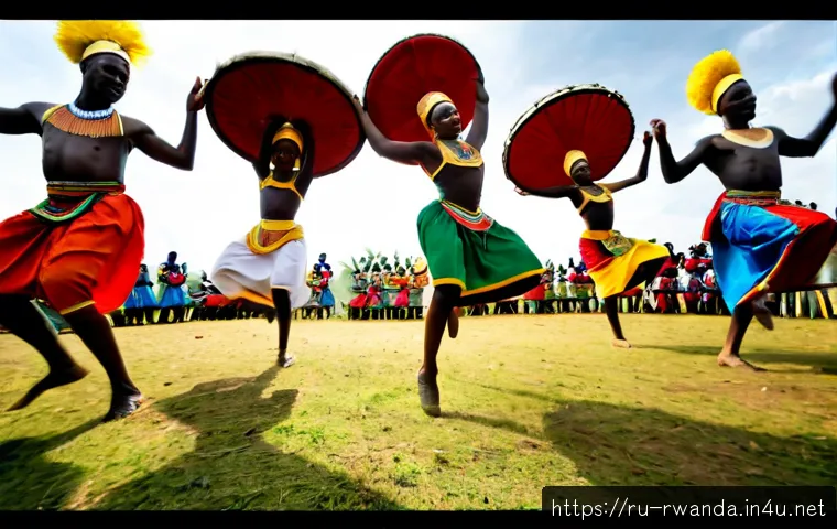 Home 17 르완다의 전통 춤 동영상 - Photorealistic wide-angle scene of a traditional Rwandan Intore dance performance, skilled dancers i...