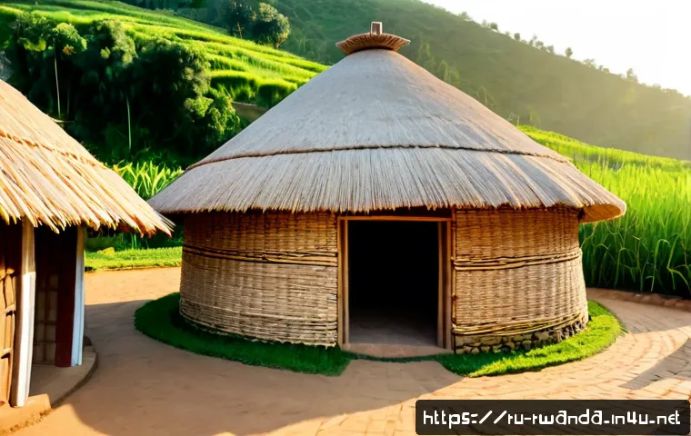 르완다의 전통 건축 기법 - Photorealistic wide-angle view of traditional Rwandan architecture, a carefully reconstructed circul...