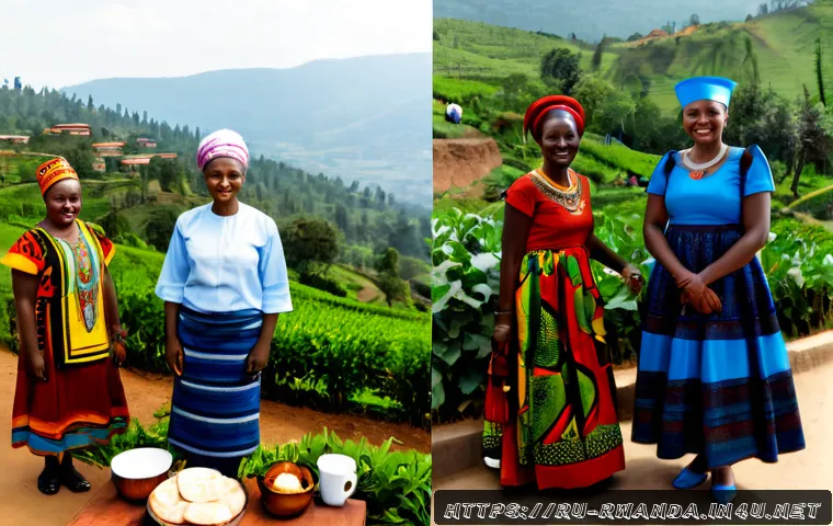 르완다와 나이지리아 문화 비교 - Photorealistic side-by-side cultural comparison scene, Rwanda on the left with a welcoming family in...