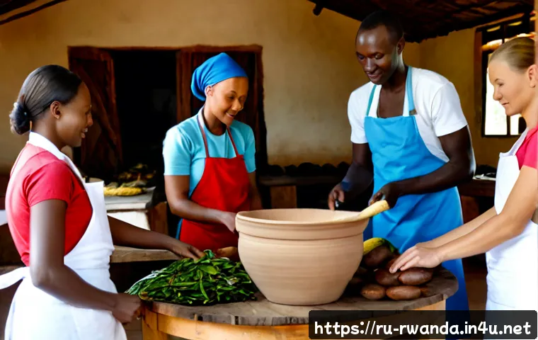 Home 17 르완다의 전통 음식 요리 수업 - Photorealistic Rwanda traditional cooking class in a bright community kitchen, an experienced Rwanda...