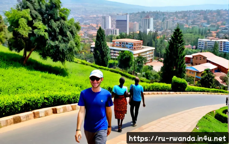 Home 17 키갈리 시내 투어 - Photorealistic Kigali city tour scene, wide elevated view of Rwanda’s clean rolling green hills, mod...